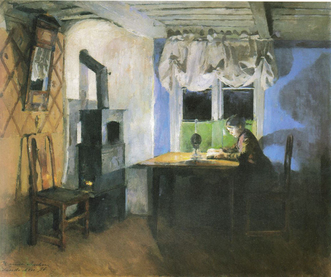 by Lamplight, vintage artwork by Harriet Backer, 12x8" (A4) Poster