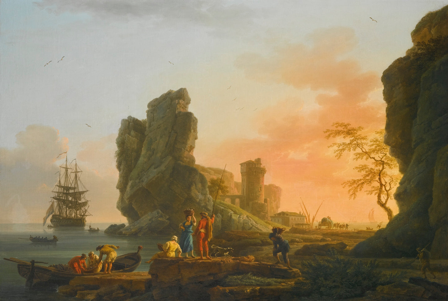 A Mediterranean Coastal Scene at Sunset, vintage artwork by Claude-Joseph Vernet, 12x8" (A4) Poster