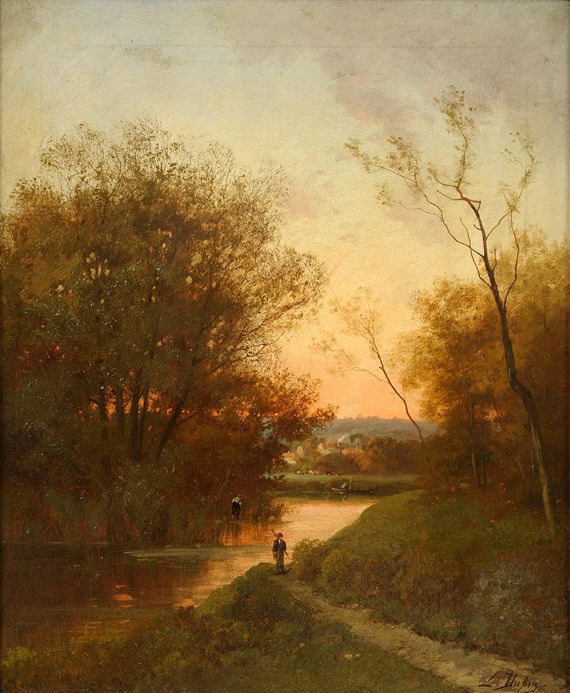 River landscape with angler, vintage artwork by Eugene Galien-Laloue, 12x8" (A4) Poster