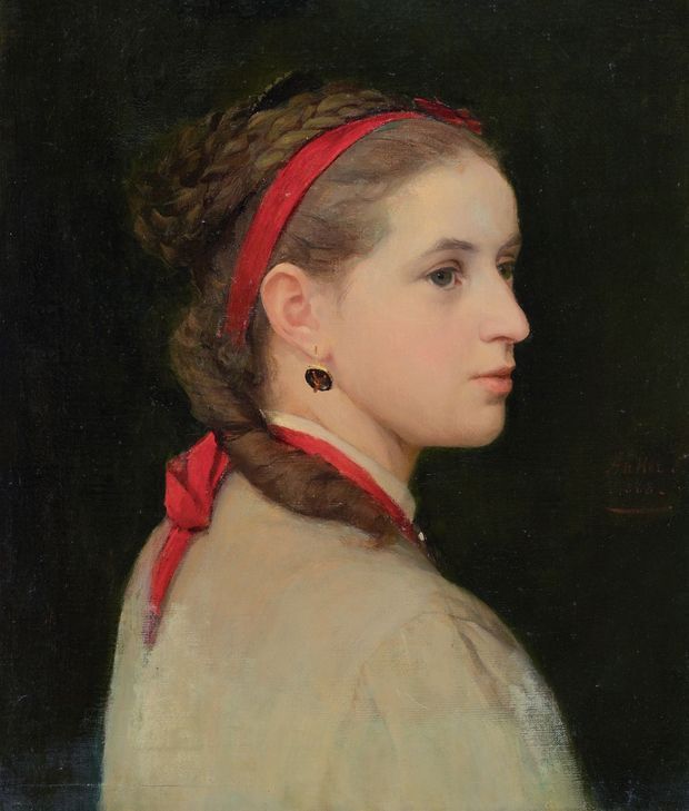 Girl with a Red Ribbon, vintage artwork by Albert Anker, 12x8" (A4) Poster