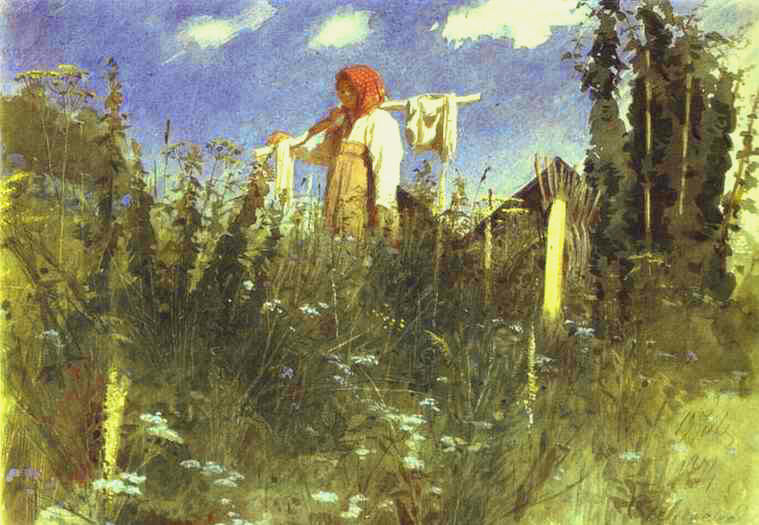 Girl with Washed Linen on the Yoke, vintage artwork by Ivan Kramskoi, 12x8" (A4) Poster
