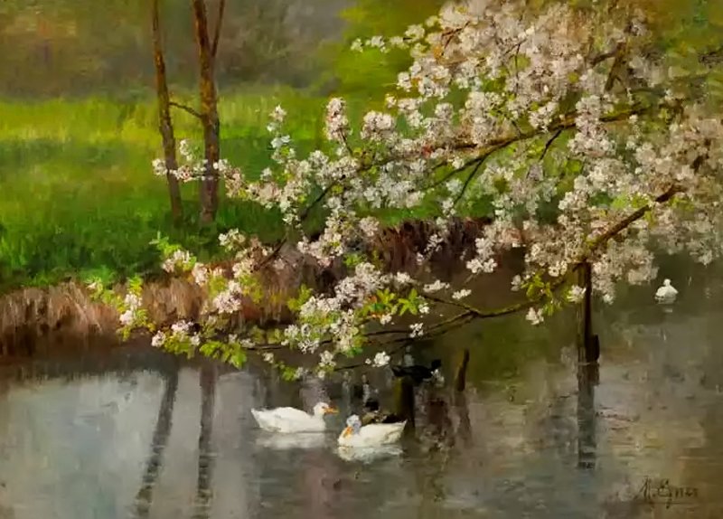 Flowering Tree above the Duck Pond, vintage artwork by Marie Egner, 12x8" (A4) Poster