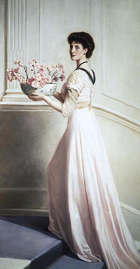 Lady with a bowl of pink carnations, vintage artwork by John Maler Collier, 12x8" (A4) Poster