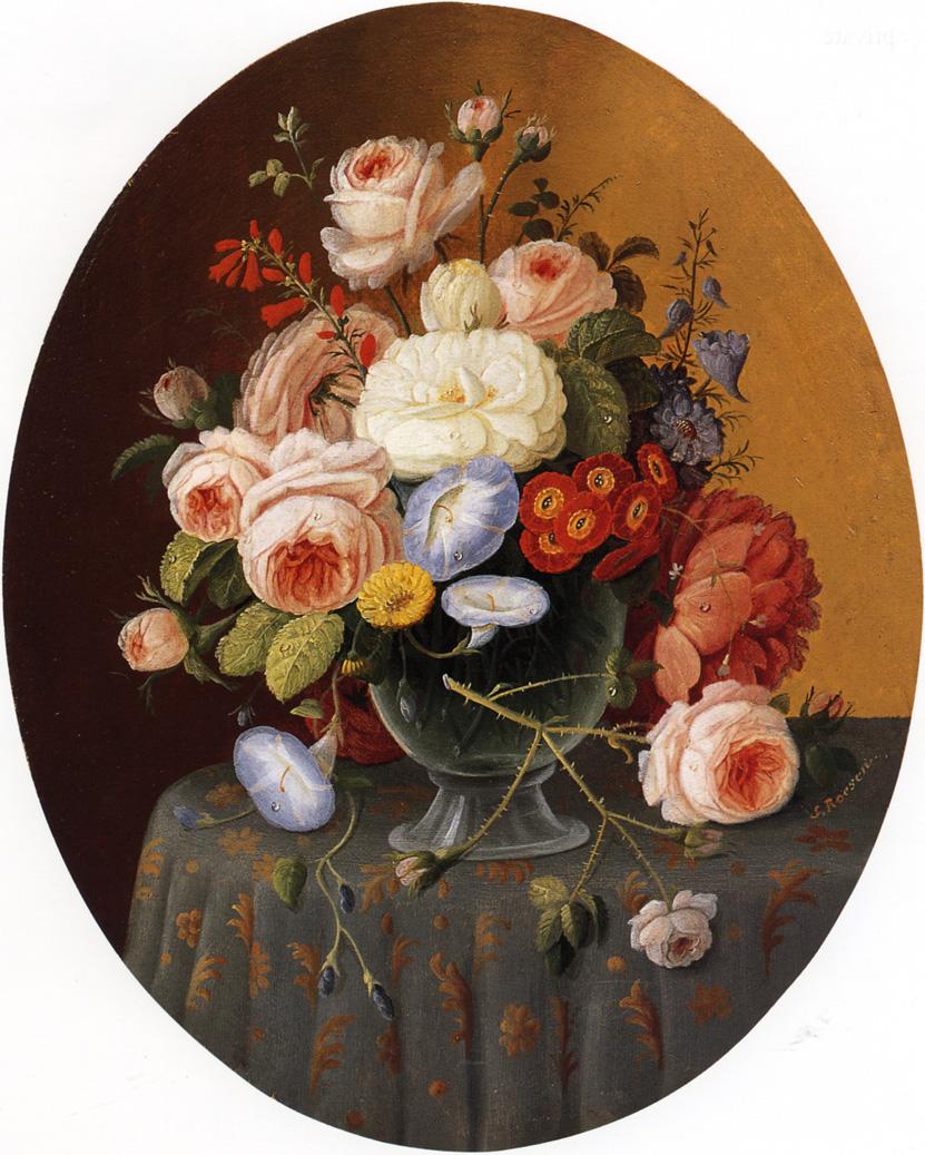 Floral Arrangement in a Glass Vase on a Clothed Table, vintage artwork by Severin Roesen, A3 (16x12") Poster Print