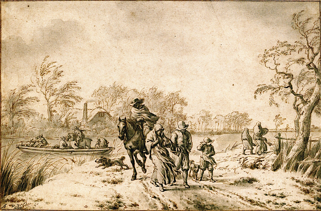 Autumn Landscape with Travelers and a Ferry Boat, vintage artwork by Adriaen van de Velde, 12x8" (A4) Poster