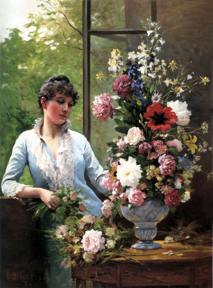 Preparing the flower arrangement, vintage artwork by Edouard Bernard Debat-Ponsan, 12x8" (A4) Poster