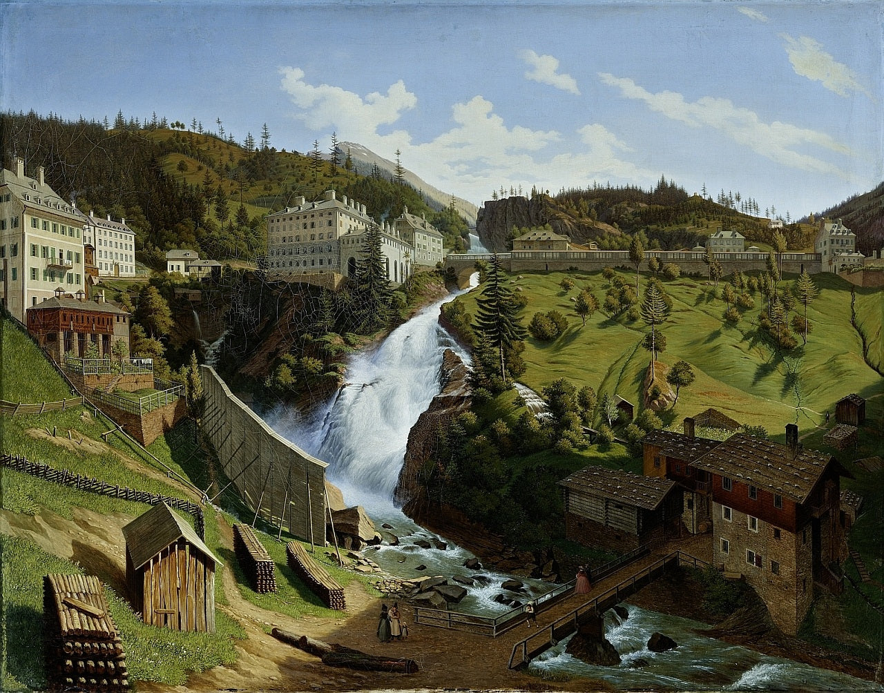 Wildbad Gastein with its magnificent waterfall, vintage artwork by Hubert Sattler, A3 (16x12") Poster Print