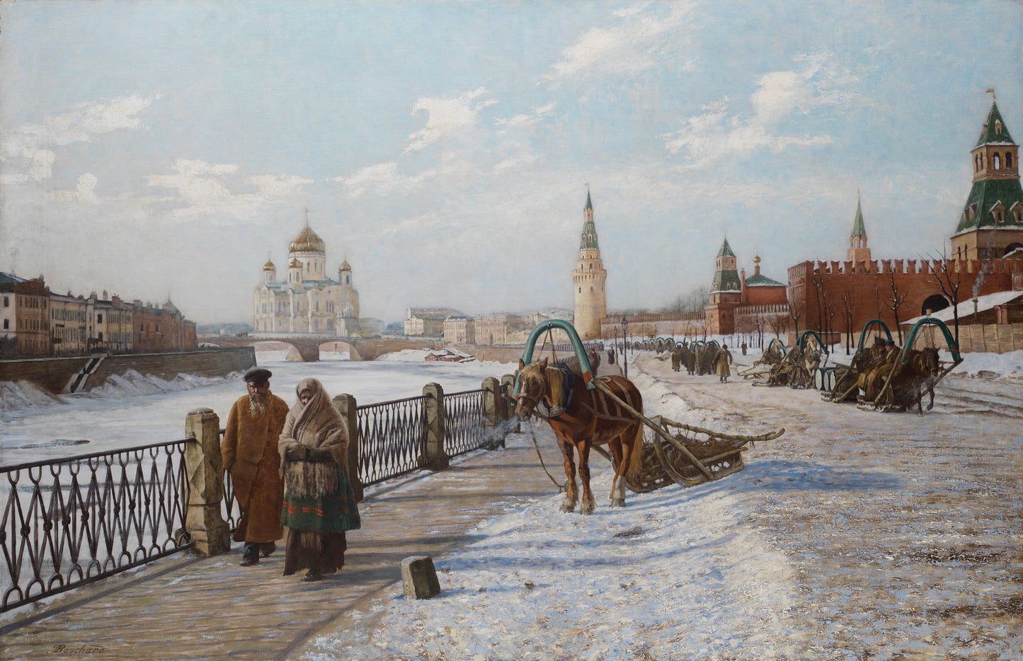 View of the Moscow Kremlin and the Church of Christ the Saviour, vintage artwork by Paul-Louis Bouchard, 12x8" (A4) Poster
