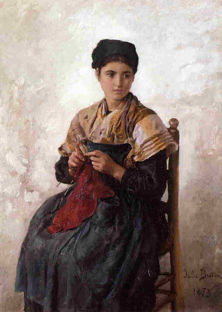 Young Woman Knitting, vintage artwork by Jules-Adolphe Breton, 12x8" (A4) Poster