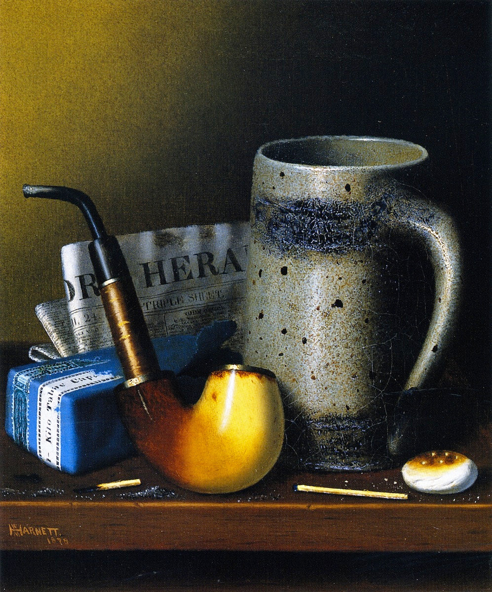 Still Life with Pipe and New York Herald, vintage artwork by William Michael Harnett, 12x8" (A4) Poster
