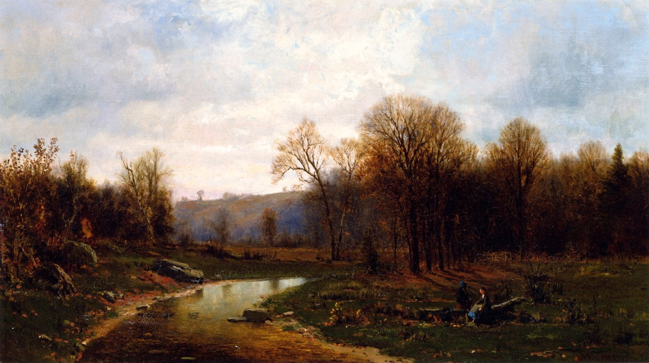 Figures y a River in an Autumnal Landscape, vintage artwork by Jervis McEntee, 12x8" (A4) Poster