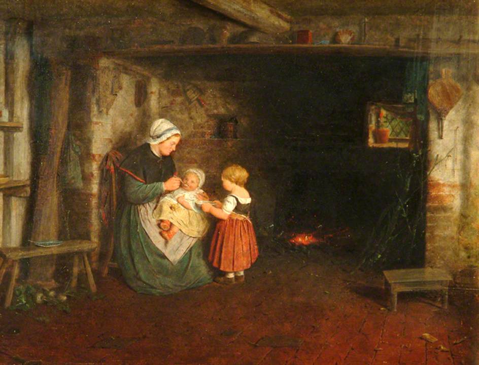 Expectation: Interior of Cottage with Mother and Children, vintage artwork by Frederick Daniel Hardy, 12x8" (A4) Poster
