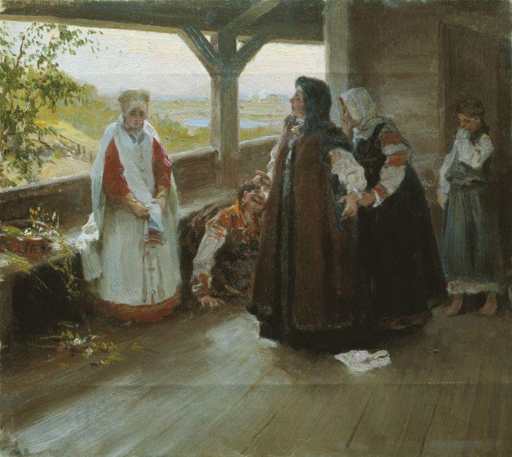 Quarrel on the Terrace, vintage artwork by Klavdi Vasilievich Lebedev, 12x8" (A4) Poster