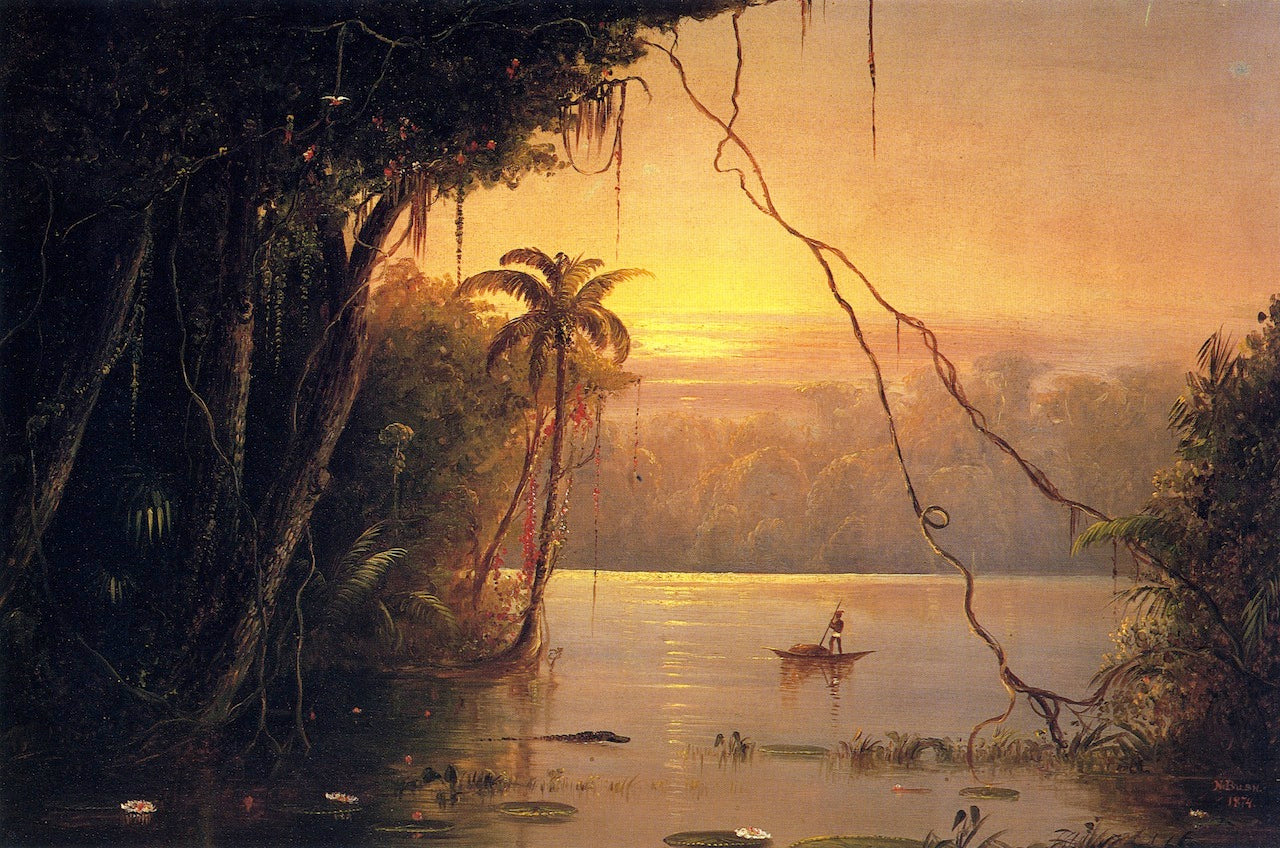 Jungle Scene, Sunset, vintage artwork by Norton Bush, 12x8" (A4) Poster