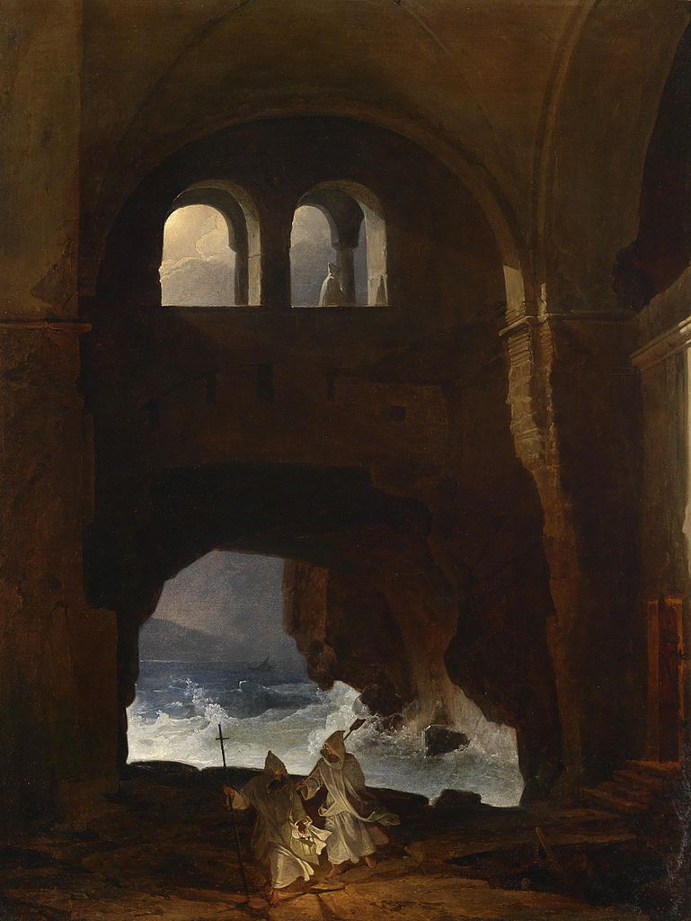 Monks in the courtyard of a monastery on the sea, vintage artwork by Franz Ludwig Catel, 12x8" (A4) Poster