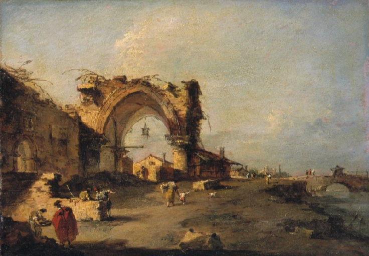 Capriccio: View of a Gothic Monument and Bridge, vintage artwork by Francesco Guardi, 12x8" (A4) Poster