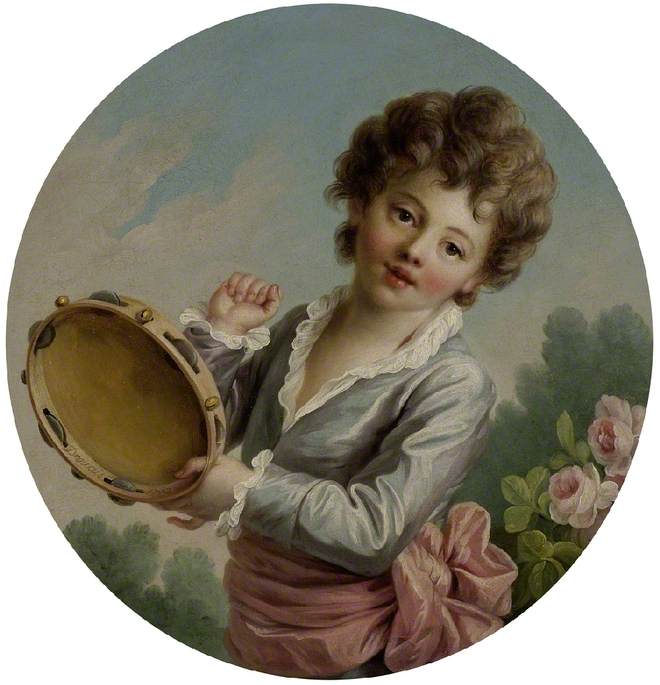 Child with a Tambourine, vintage artwork by François-Hubert Drouais, 12x8" (A4) Poster
