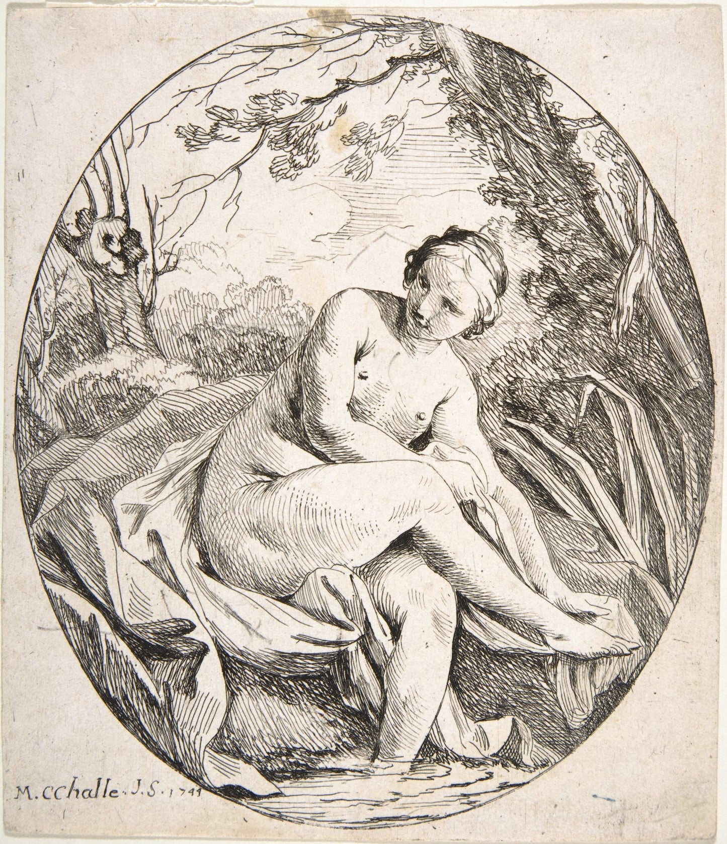 Nymph at a Bath, vintage artwork by Charles-Michel-Ange Challe, 12x8" (A4) Poster