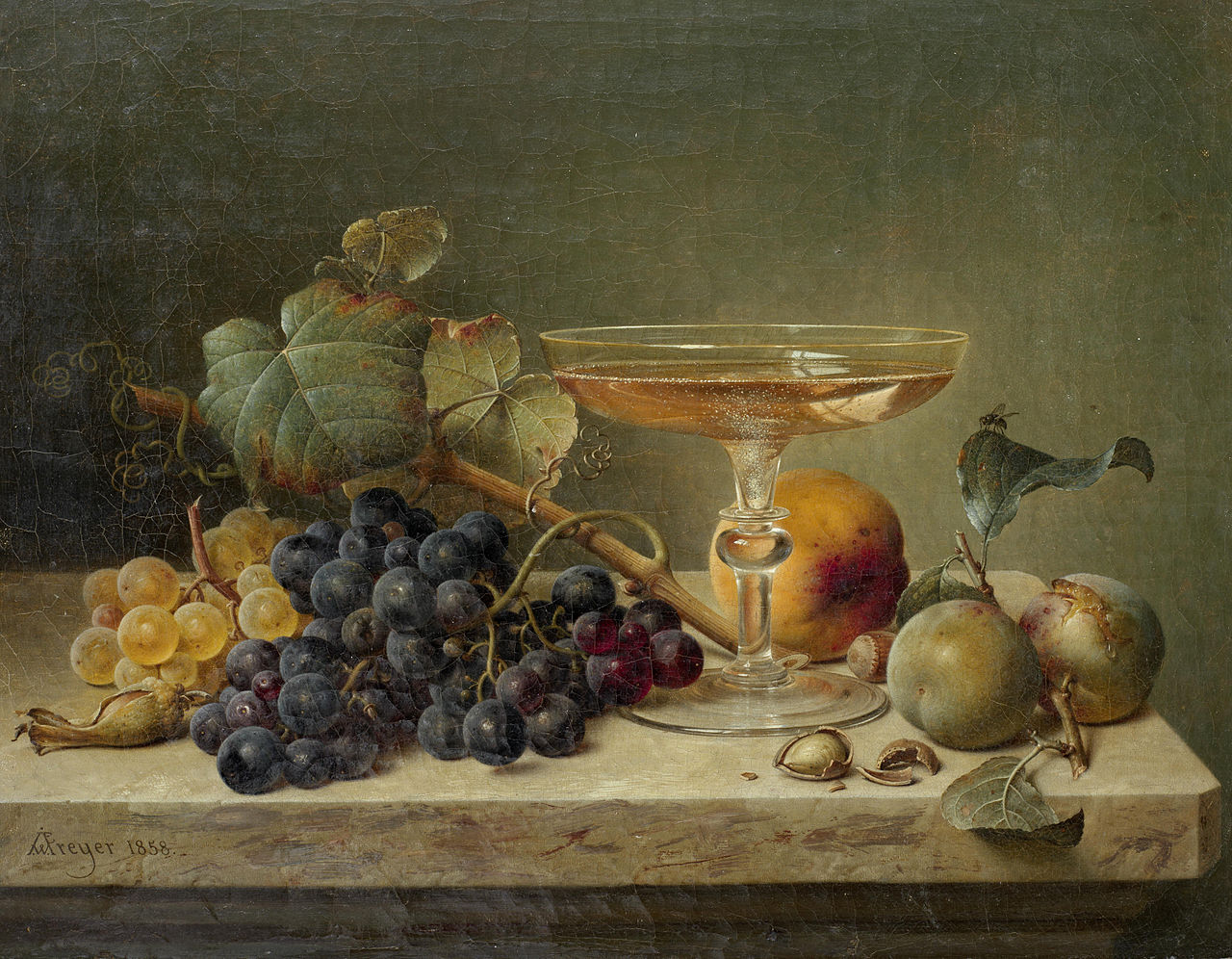 Still-life of Fruit, Nuts and a Glass on a Marble Ledge, vintage artwork by Johann Wilhelm Preyer, A3 (16x12") Poster Print