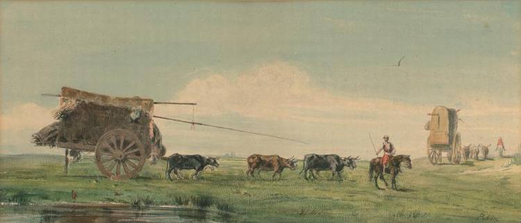 A caravan of gauchos and their wagons, vintage artwork by Jean Leon Pallière, 12x8" (A4) Poster