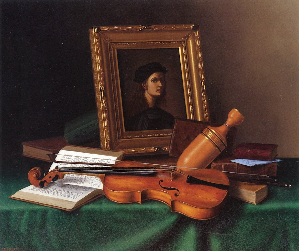 Still Life with Portrait by Raphael, vintage artwork by William Michael Harnett, 12x8" (A4) Poster