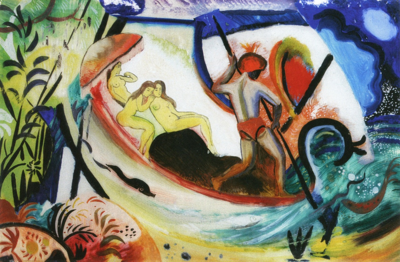 Three Girls in a Barque, vintage artwork by August Macke, 12x8" (A4) Poster