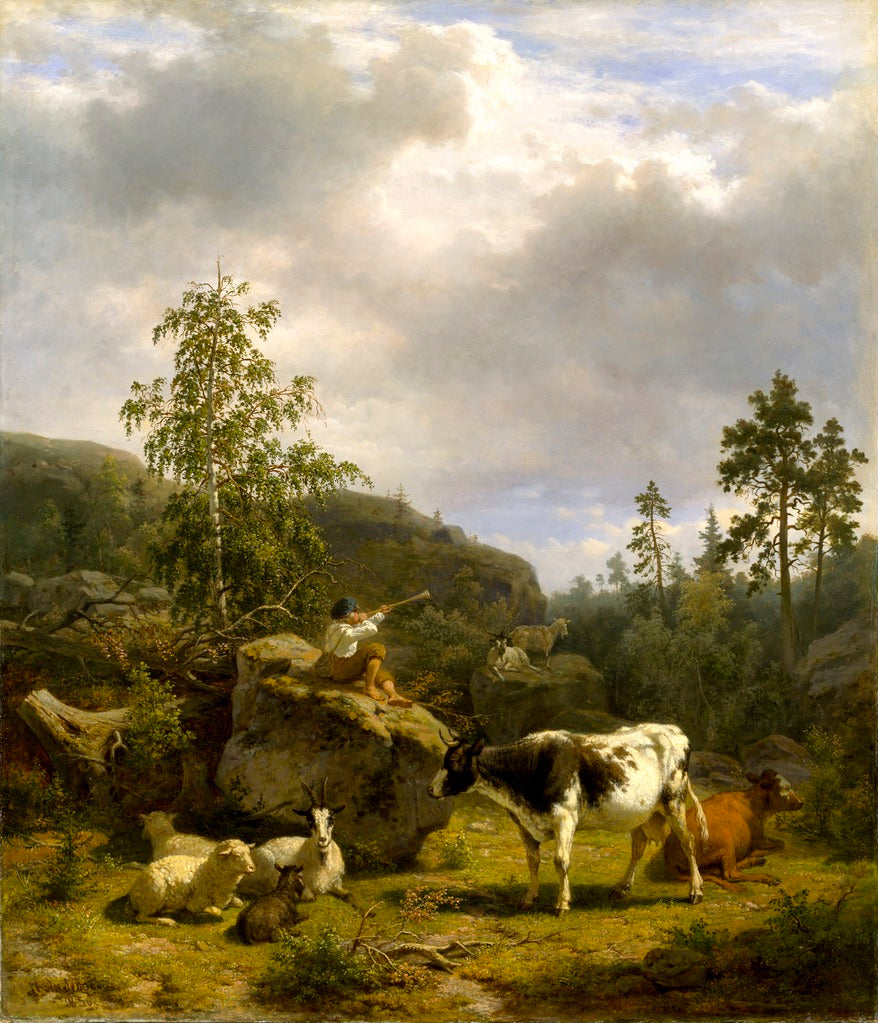 Forest Landscape with a Shepherd Boy and Cattle, vintage artwork by Nils Andersson, A3 (16x12") Poster Print
