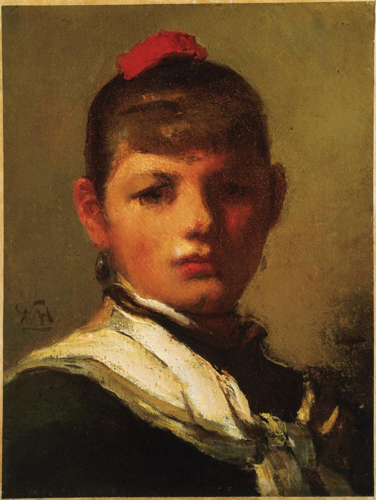 Girl with Red Hair Ribbon, vintage artwork by William Morris Hunt, 12x8" (A4) Poster