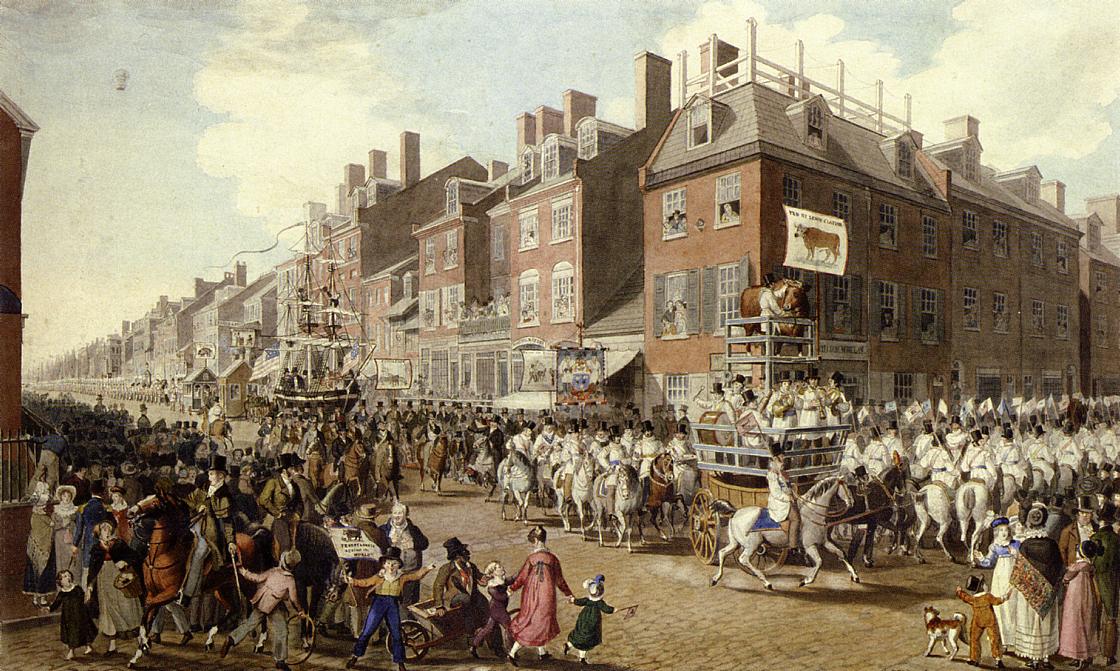 View of the Parade of the Victuallers From Fourth and Chestnut Streets, vintage artwork by John Ludwig Krimmel, 12x8" (A4) Poster