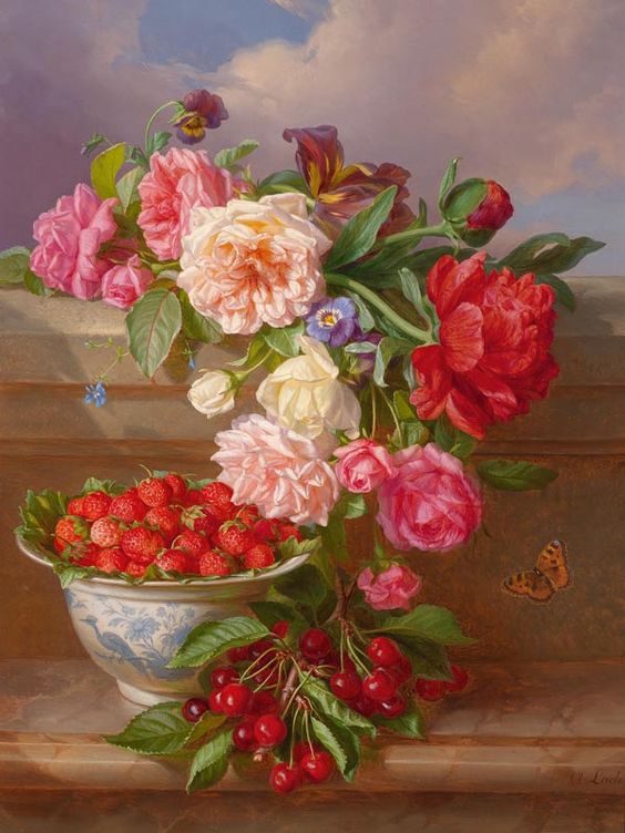 Still Life with Roses, Peonies, Strawberries and Cherries, vintage artwork by Andreas Lach, A3 (16x12") Poster Print