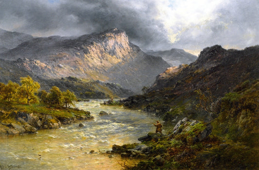 A Salmon Trout Stream, Cader Idris, North Wales, vintage artwork by Alfred de Breanski, Sr., 12x8" (A4) Poster