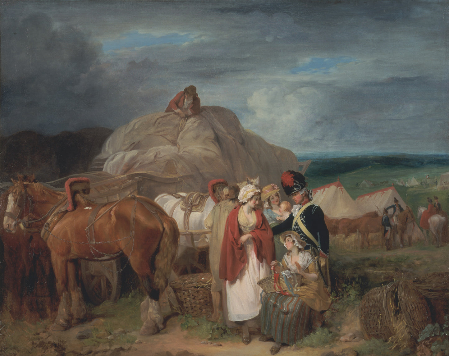 Soldier with Country Women Selling Ribbons, near a Military Camp, vintage artwork by Francis Wheatley, 12x8" (A4) Poster