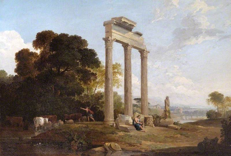 Columns in an Italianate Landscape, vintage artwork by Attributed to Claude Lorrain, 12x8" (A4) Poster