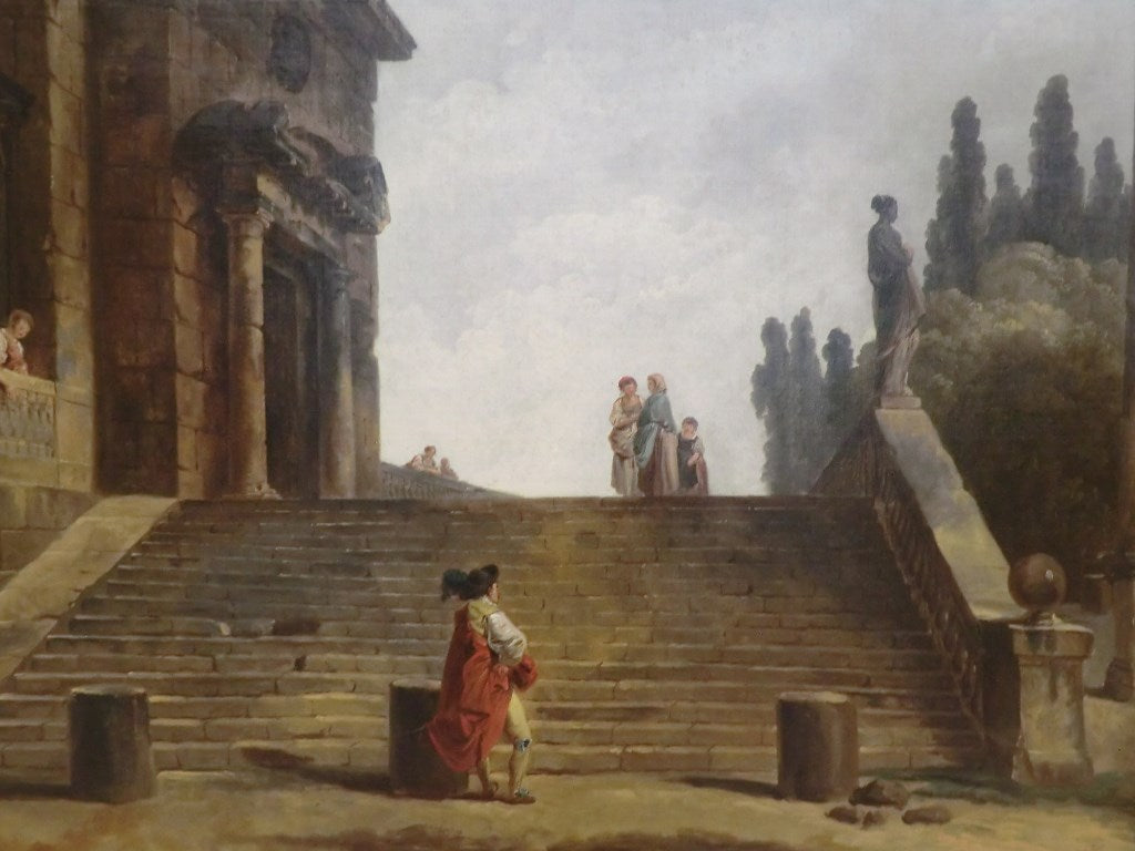 Monuments and Ruins by a Grand Staircase, vintage artwork by Hubert Robert, 12x8" (A4) Poster