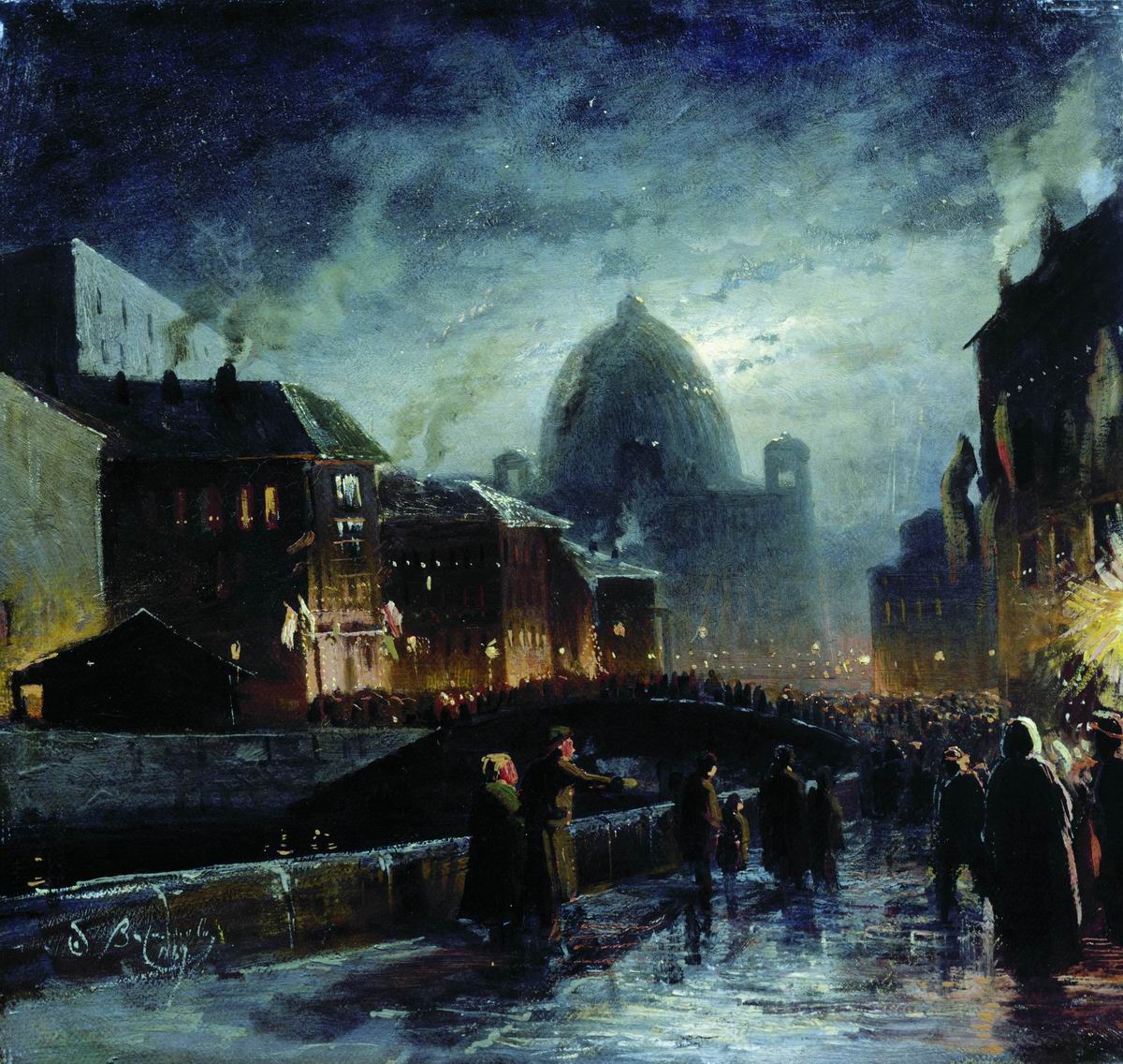 St. Petersburg at Night, vintage artwork by Feodor Vasilyev, 12x8" (A4) Poster