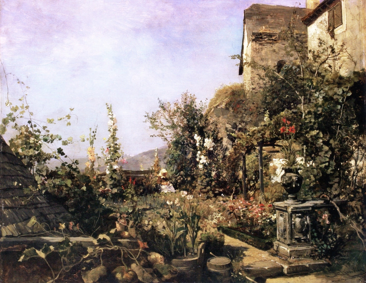 Flower Garden in Weissenkirchen, vintage artwork by Emil Jacob Schindler, 12x8" (A4) Poster