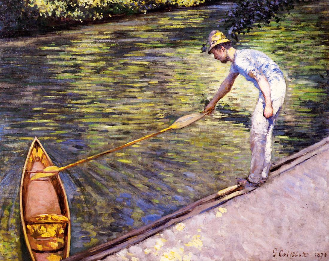 Boater Pulling on His Perissoire, vintage artwork by Gustave Caillebotte, 12x8" (A4) Poster