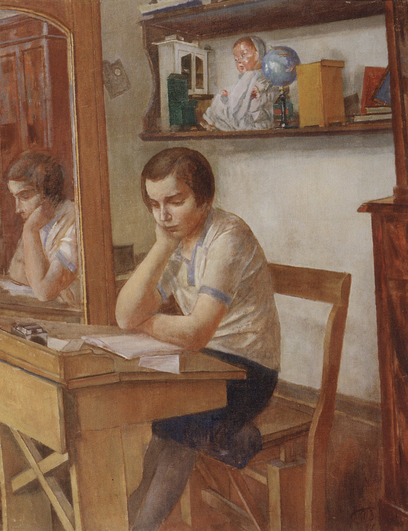 Girl at the Desk, vintage artwork by Kuzma Petrov-Vodkin, 12x8" (A4) Poster