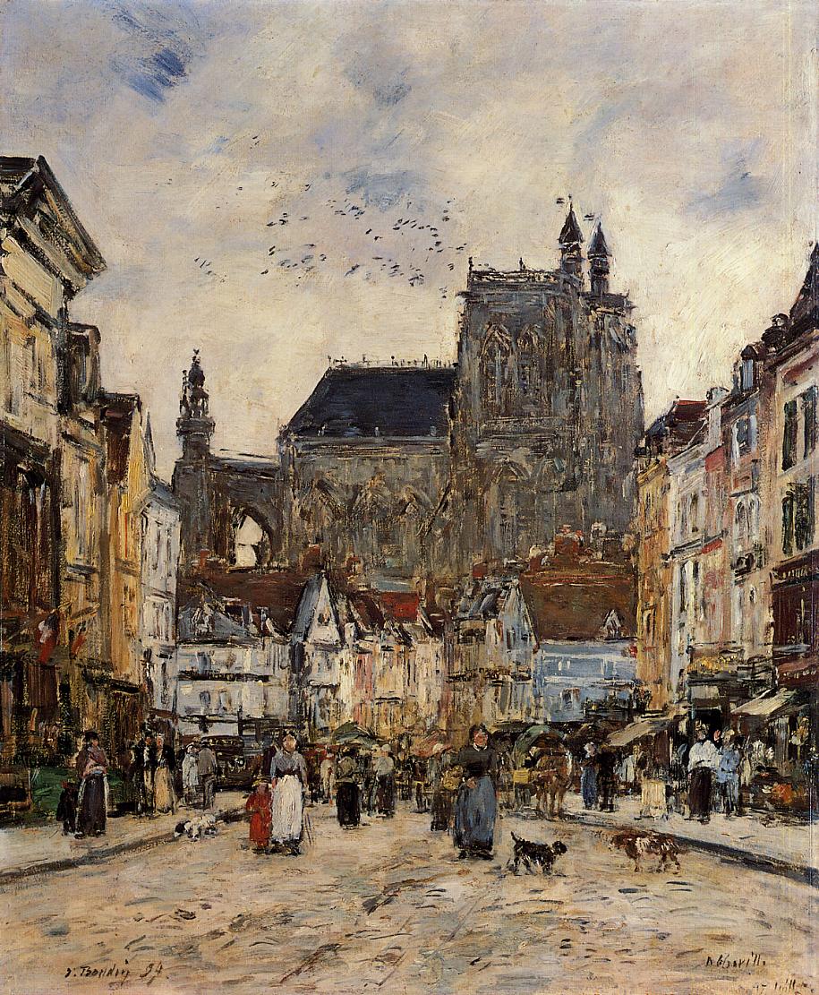 Abbeville, Street and the Church of Saint-Vulfran, vintage artwork by Eugène-Louis Boudin, 12x8" (A4) Poster