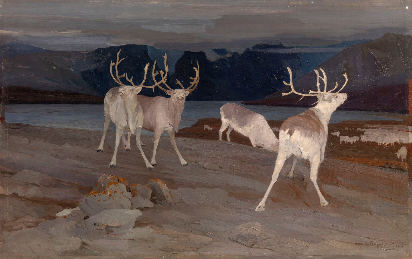 Reindeer Keeping Watch, vintage artwork by Alexander Borisov, 12x8" (A4) Poster