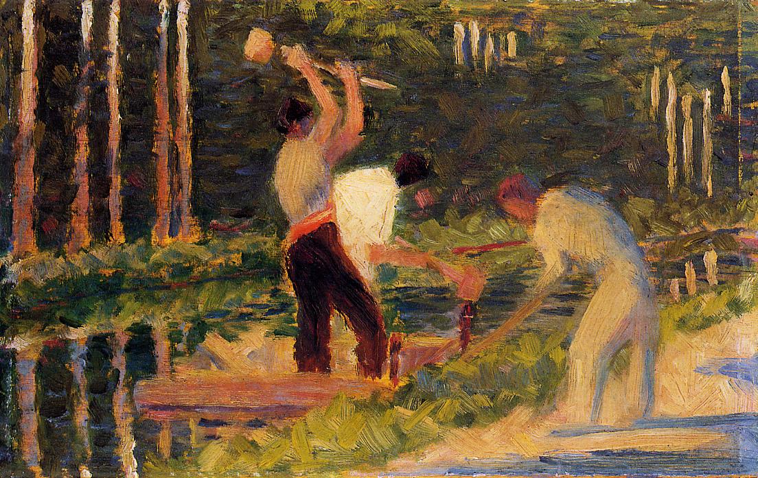 Men Laying Stakes, vintage artwork by Georges Seurat, 12x8" (A4) Poster