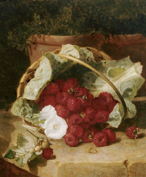 Raspberries in a Cabbage Leaf Lined Basket with White Convulus on a Stone Ledge, vintage artwork by Eloise Harriet Stannard, 12x8" (A4) Poster