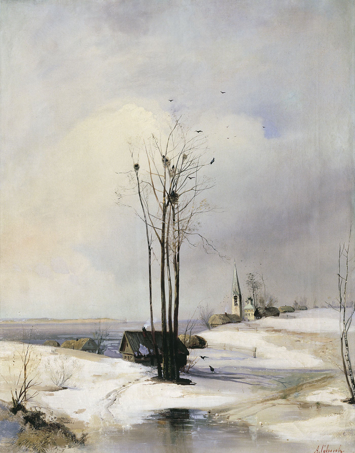 Early Spring. Thaw, vintage artwork by Alexei Kondratyevich Savrasov, 12x8" (A4) Poster