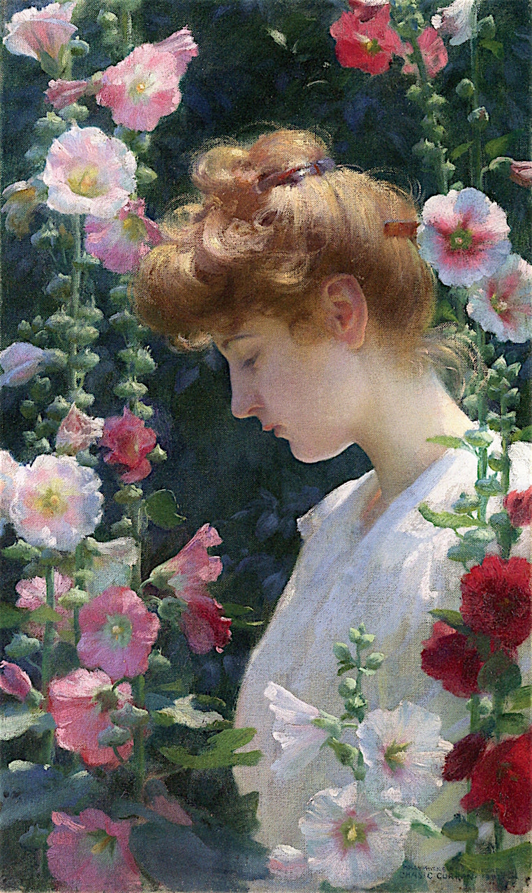 Hollyhocks and Sunlight, vintage artwork by Charles Courtney Curran, 12x8" (A4) Poster