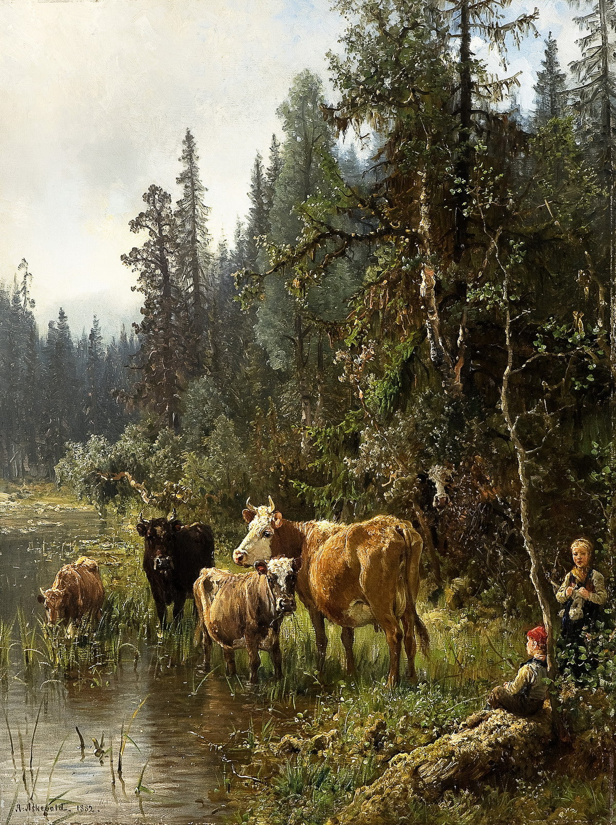 by the Watering Place, vintage artwork by Anders Monsen Askevold, 12x8" (A4) Poster