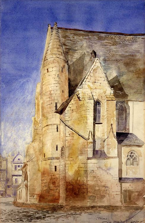 Old Church, Tours, France, vintage artwork by Cass Gilbert, 12x8" (A4) Poster