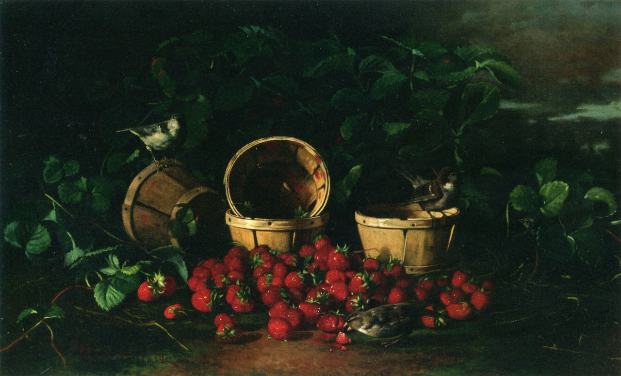 Still Life with Strawberries and Sparrows, vintage artwork by Edward Chalmers Leavitt, 12x8" (A4) Poster
