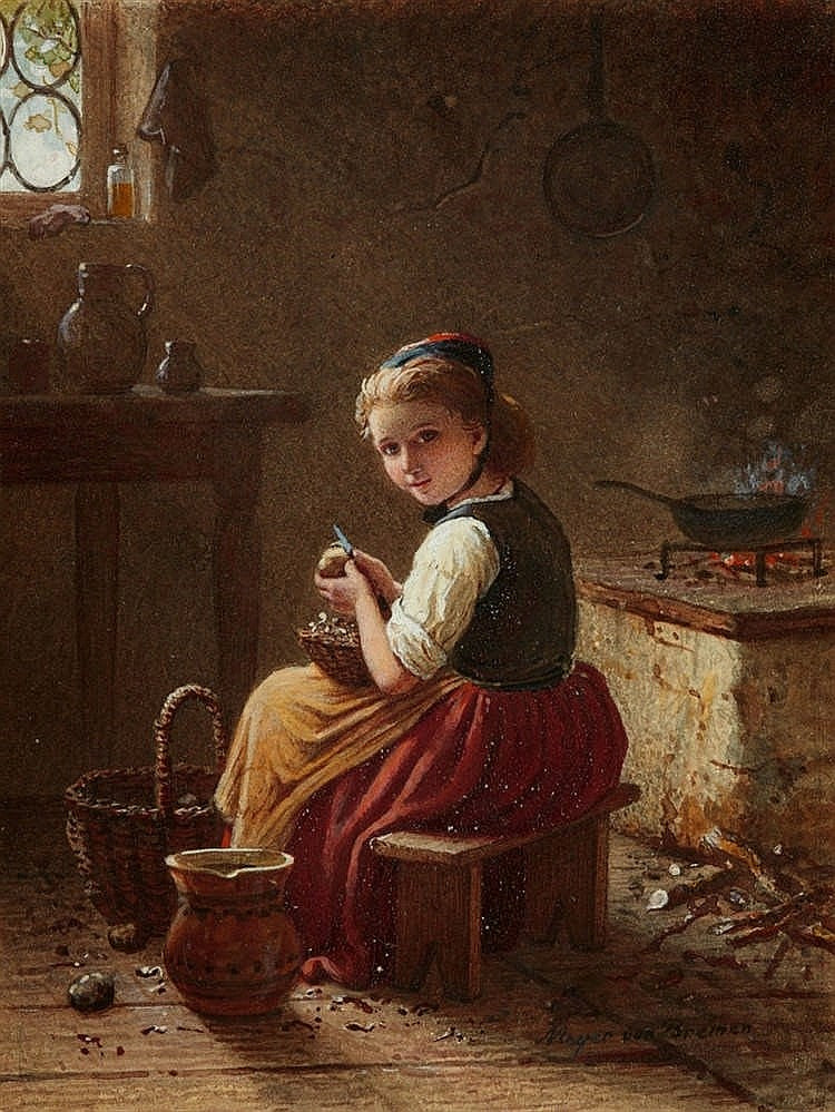 Little Scullery Maid Peeling Potatoes, vintage artwork by Johann Georg Meyer von Bremen, A3 (16x12") Poster Print