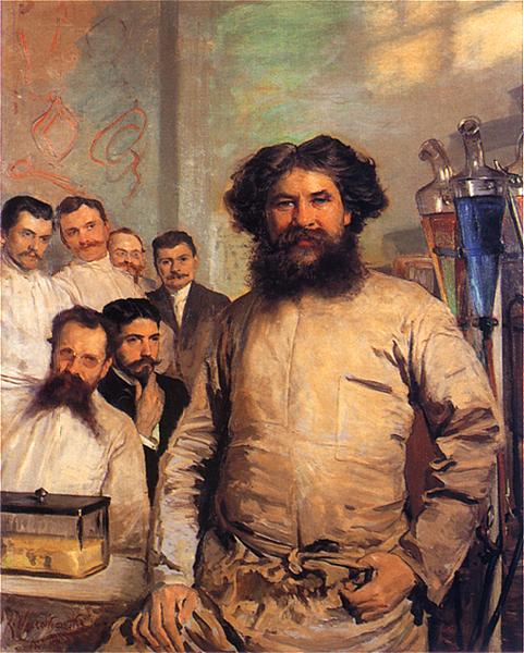 Portrait of Ludwik Rydygier with his assistants, vintage artwork by Leon Jan Wyczolkowski, 12x8" (A4) Poster