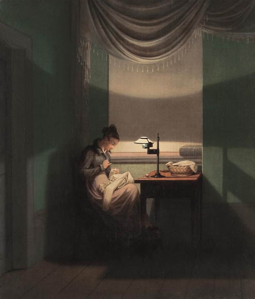 Young Woman Sewing by the Light of a Lamp, vintage artwork by Georg Friedrich Kersting, 12x8" (A4) Poster